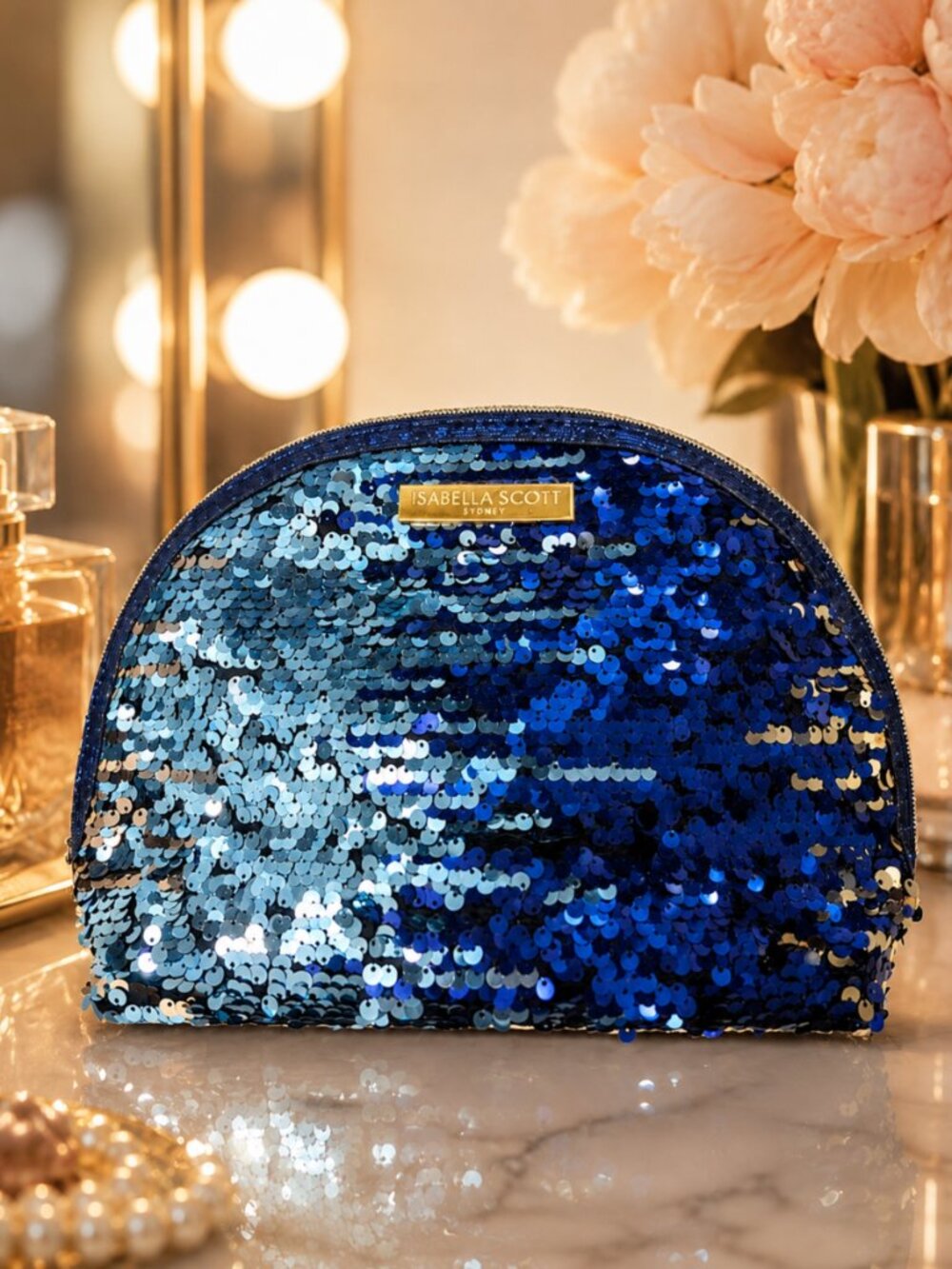 Y2K Disco Glam Blue & Gold Sequin Cosmetic Bag Isabella Scott Sydney NWOT